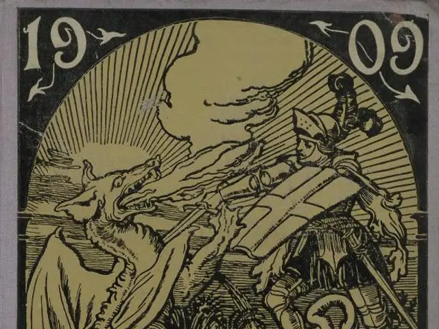 The image shows an old book with a picture of a man and a dragon on it, along with text and a logo....