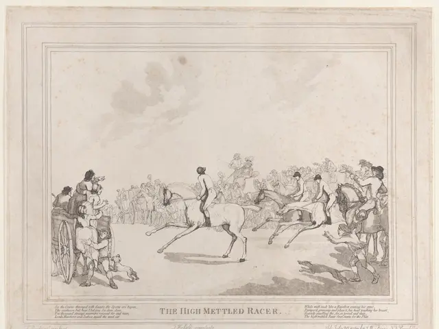 The image shows a drawing of a high metted racer, with a group of people riding horses and a cart...