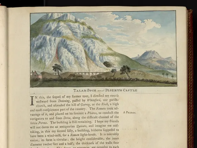 The image shows an open book with a drawing of a castle in the middle of it, surrounded by hills,...