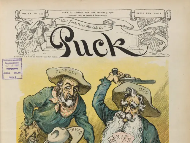 The image shows an old book with a cartoon of three men playing poker on the cover. The men are...