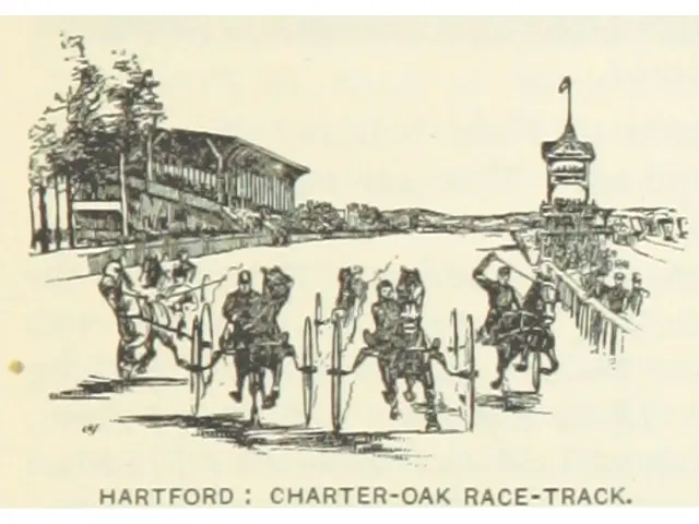 The image shows a drawing of a horse-drawn race track with people riding horses, a building, trees,...