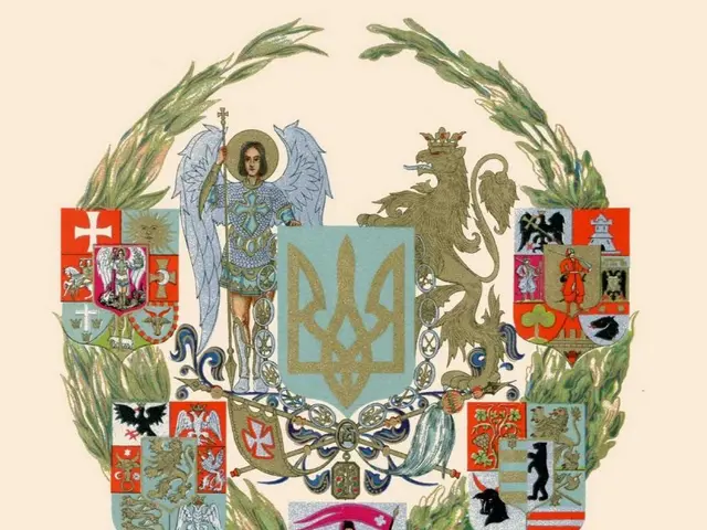 The image shows a painting of the coat of arms of the Kingdom of Ukraine, featuring a person...