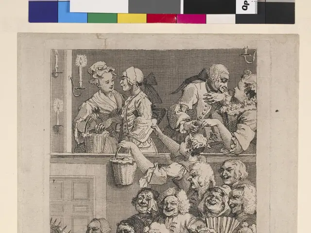 The image shows a drawing of a group of people in a room, with a paper in the center featuring text...