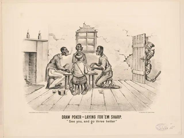 The image shows a group of people sitting around a table playing poker, with a wall, window, door,...