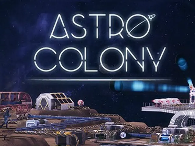 The image shows a poster with text that reads "astro colony - cover / packshot" and a few objects...