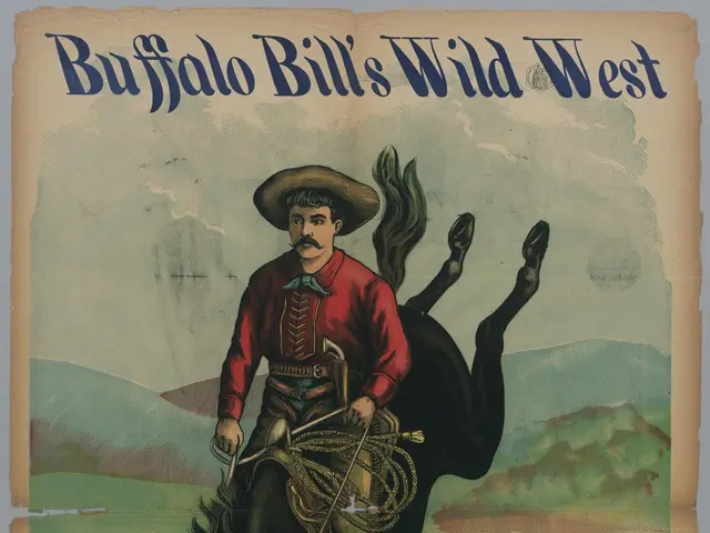 The image shows a poster of Buffalo Bill's Wild West, depicting a cowboy riding a wild mustang. The...