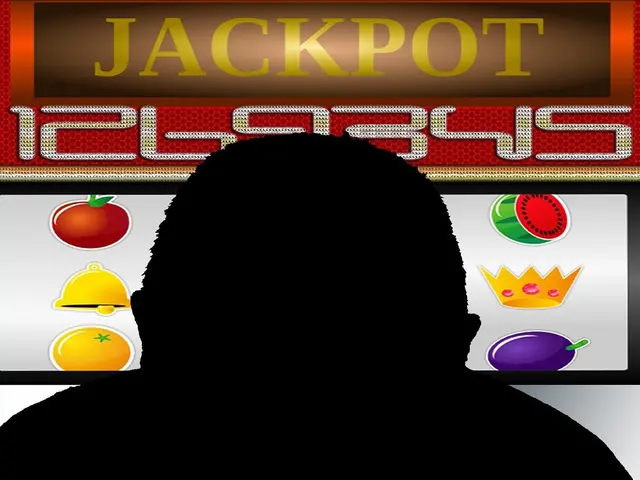 The image shows a man playing a slot machine with the words "Jackpot" on it. He is surrounded by a...