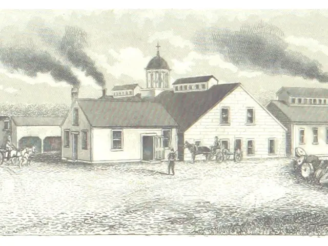 The image shows a drawing of a small town with a church in the background, surrounded by houses,...