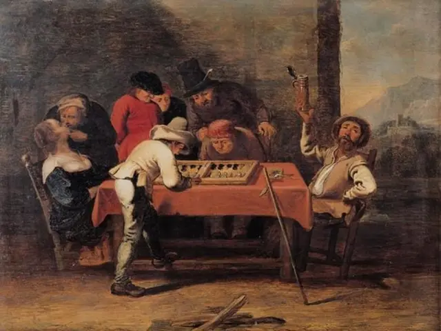 The image shows a painting of a group of people playing a game of chess in a wooded area. There are...