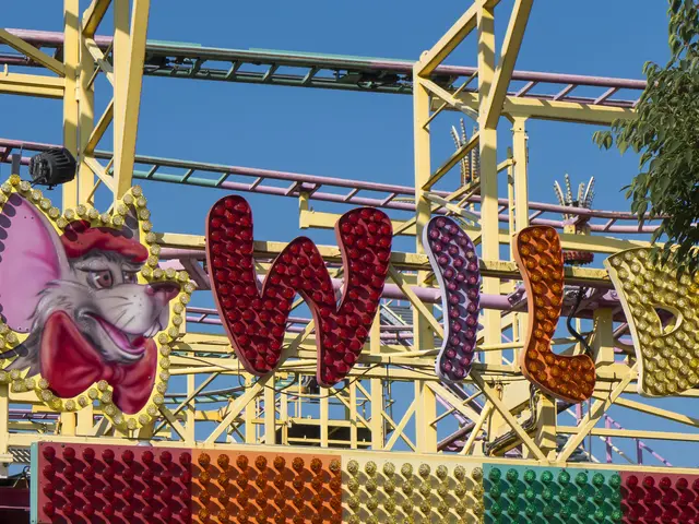 The image shows a roller coaster with a sign that says "Wild" on it, surrounded by metal rods and a...