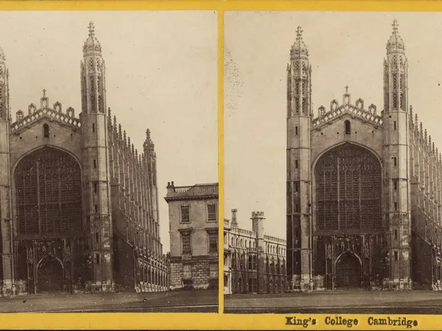 The image shows a black and white photo of King's College in Cambridge, England. It is a collage of...