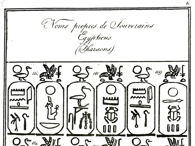 The image shows a page from a book with an Egyptian hieroglyphic design on it. The page is filled...